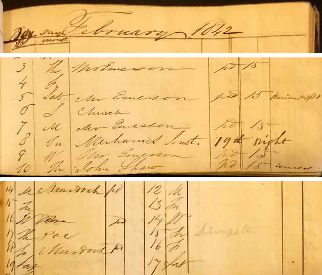 From the lecture hall ledger: an elegant page heading; one of the Emerson entries; one of the Poe entries