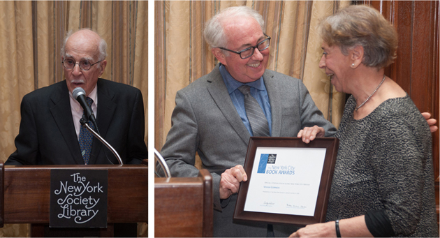 Special Citation recipients Roger Angell (left) and Vivian Gornick (right) with presenter James Atlas